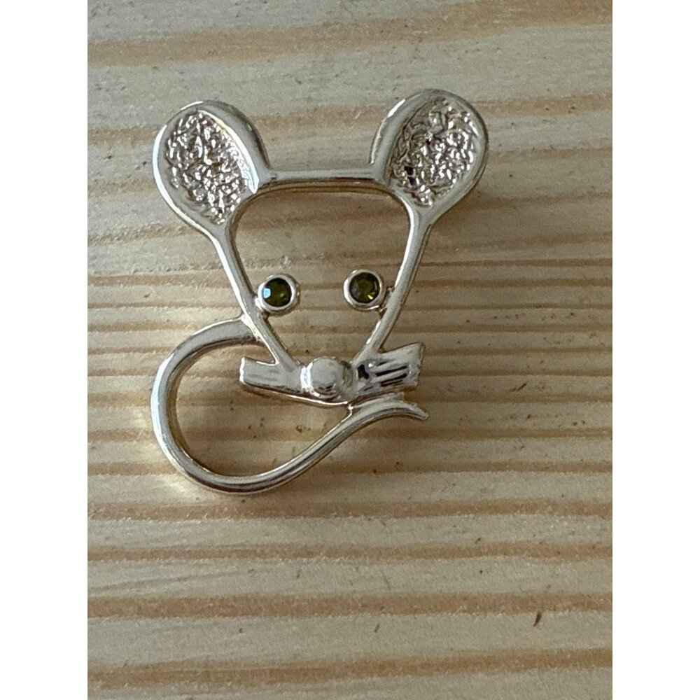 Sarah Cov Mouse Brooch Pin With Green Rhinestone Eyes & Silver Tone Finish
